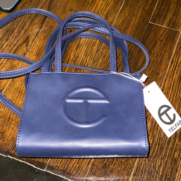 Telfar Handbags - Navy Blue vegan leather mini Telfar shopping tote